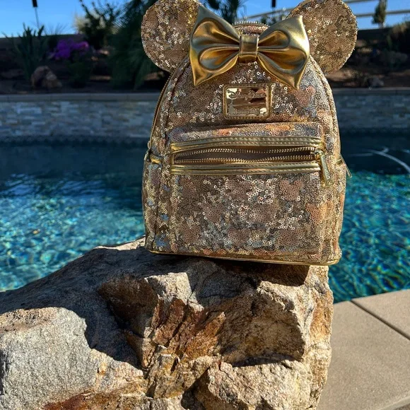Disney Loungefly NWT Backpack Gold Sparkle,Minnie Ears.Gold Hrdwr. Host Pick - Picture 9 of 12